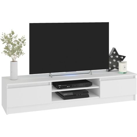 Akord – Ensemble meuble TV blanc 220 cm – 4 portes battantes – 8 étagères – Panneau stratifié – Finition mate – Dimensions 220x40x140 cm