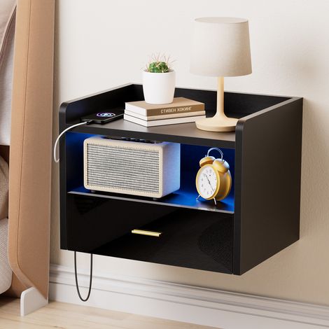 Chevet suspendu Lot 2 chevets muraux bois tiroir bandeau LED prise 1AC+2USB chambre couleur noire (1/5)