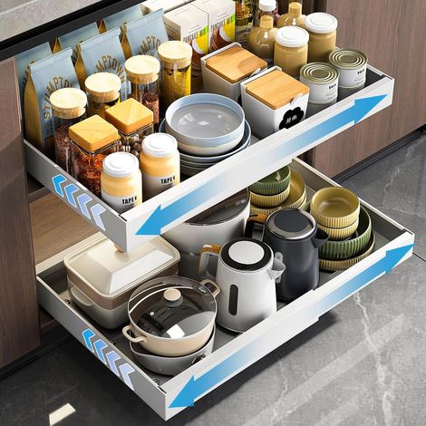 Lot de 2 Tiroirs Coulissant Cuisine Adhesif, Organiseurs Coulissants sans Perçage, Rangement Placard à Largeur Réglable (32-53 CM L x 43 P 7 H), Blanc Paquet (1/5)