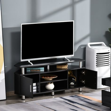 Mobile/panca porta TV in legno per televisori fino a 55 pollici con ampio piano, armadietti con ante e vano a giorno per soggiorno o camera da letto, 120 x 40 x 52 cm, nero.