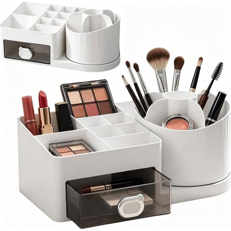 Organisateur de maquillage rotatif à 360° avec 15 compartiments et 1 tiroir, organisateur bureau, porte-stylos, pour le les écoles maisons privées ranger fournitures - (1/5)