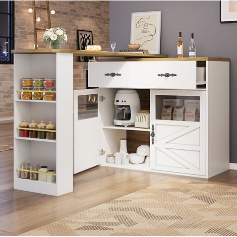 Tavolo bar in MDF bianco con contenitore, girevole 360°, allungabile 138-204x39x104 cm con cassetto e ripiani (1/5)