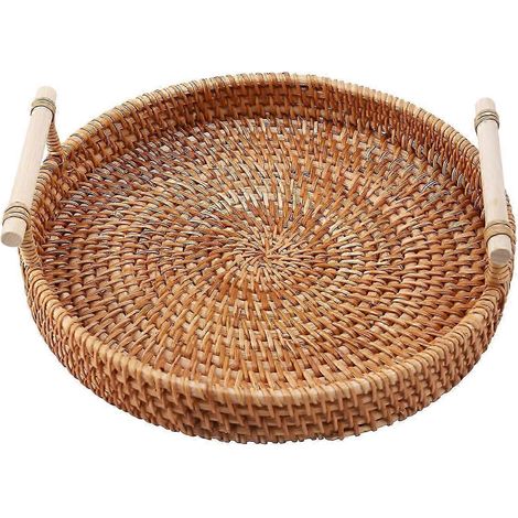 Plateau de rangement rond en rotin avec poignée, plateau en rotin tressé à la main, panier en osier, panier à pain, fruits, aliments, panier de présentation pour le petit-déjeuner. (1/5)