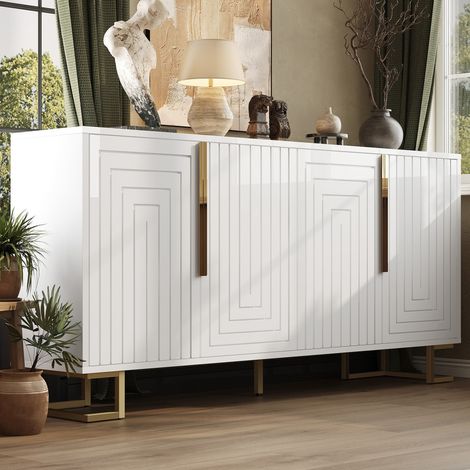 Buffet blanc design géométrique 152x40x75 cm - Poignées & pieds dorés - Élégant meuble de rangement pour salon/cuisine (1/5)