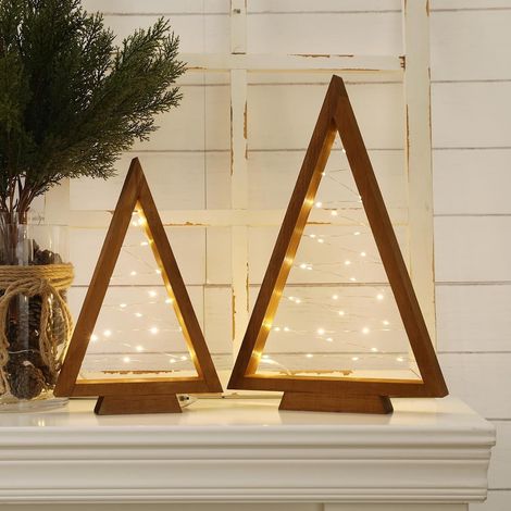 Arbre De Noël En Bois - Avec Éclairage - Pour Intérieur - Table - Cheminée - Étagère - Décoration De Fête - 2 Pièces