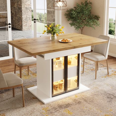 Table à manger rectangulaire extensible 110-140x80x77,9 cm,4-6 personnes,rangement,LED RGB,portes vitrées,MDF blanc et effet bois