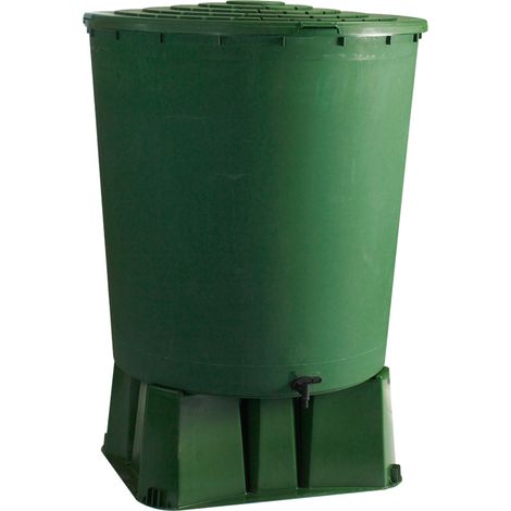 Récupérateur d'eau de pluie rond 500 L – Socle rectangulaire pour stabilité – Kit collecteur pour gouttières rondes/carrées – Vert – Bellijardin