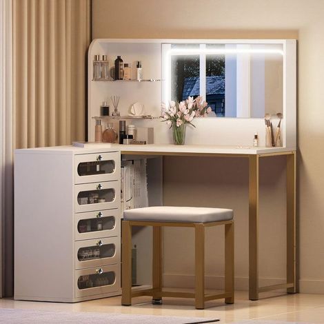 Ático de esquina L - Espejo LED - 5 cajones - Blanco y Oro - Diseño contemporáneo