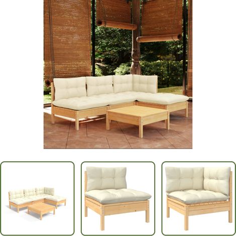 Holzgartenmöbel - 5-tlg. Garten-Lounge-Set mit Creme Kissen Kiefernholz (1/5)