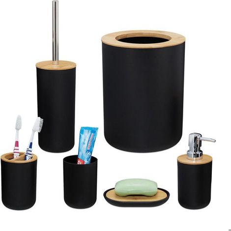 6 pièces, accessoires salle de bain, plastique PP et bambou, design épuré noir, pour salle de bain moderne (1/5)