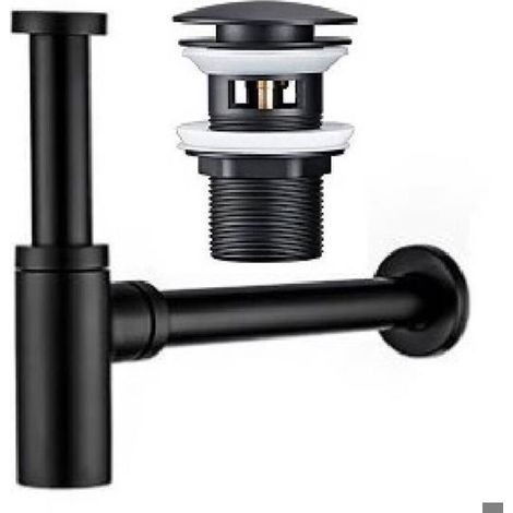 Description générale Ensemble bonde de lavabo et siphon à bouteille en noir mat, conçu pour les lavabos de salle de bain avec (1/5)