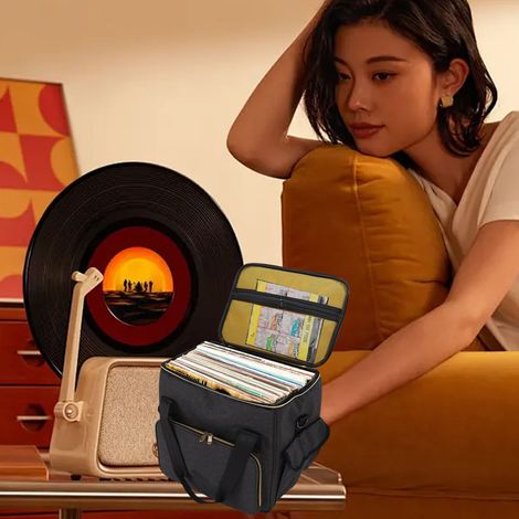 Sac de rangement portable pour disques vinyles 30 cm (45 disques) avec bandoulière et fond rembourré, idéal pour les voyages. (1/3)