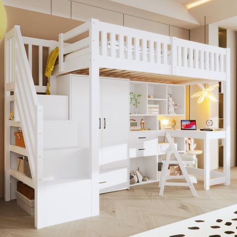 Lit mezzanine 90 x 200 cm en bois blanc avec bureau, armoire, échelle de rangement, tiroirs et niches, garde-corps sécurisés, sans matelas – de FLORAGRACE (1/5)