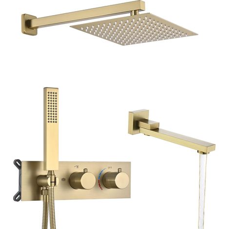 Colonne de Douche Encastrée, 3 Fonctions Or Brossé Ensemble de Douche, 10/12inch Moderne Systèmes de Douche, 180° Pivotant Pliable Robinet de Baignoire, Douchette à Main, Mitigeur en Laiton (1/5)