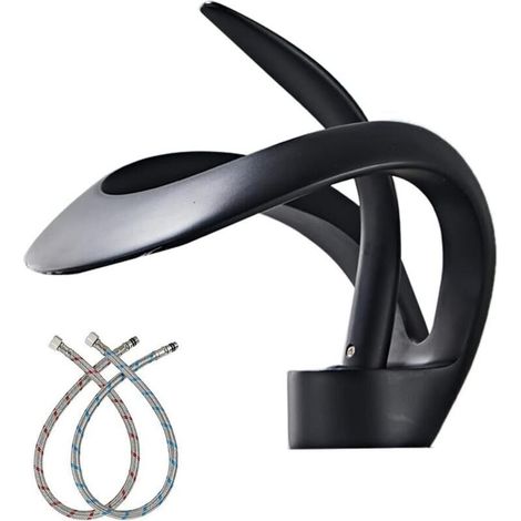 Black waterfall basin tap - brass, single hole, vanity top mount, modern design