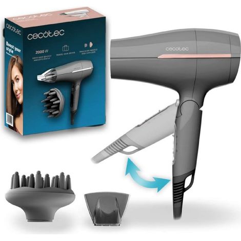 Cecotec Sèche-cheveux de Voyage IoniCare Power&Go Heaven Grey, 2000W, 2 Températures, 2 Vitesses, Fonction Air Froid