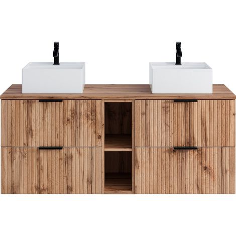 Mobile per bagno sospeso con scanalature nicchie lavabo doppio appoggio quadrato L140cm Naturale chiaro - ZEVARA