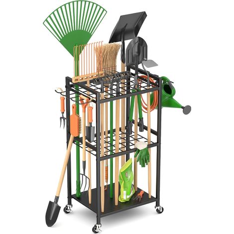 Organiseur d'outils de jardin, établi mobile de garage sur roulettes, chariot à outils de jardin pour 35 outils à manche long, gestion de garage avec 4 roulettes (1/5)