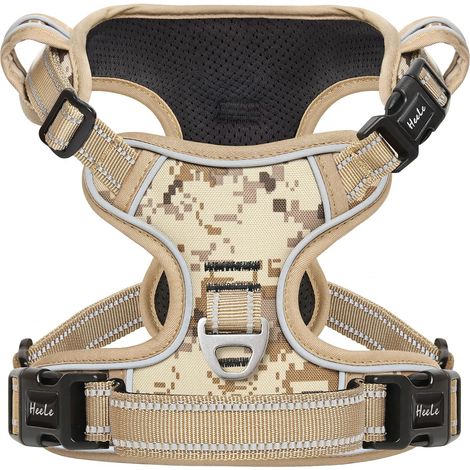 Harnais Chien Anti Traction Réfléchissant Camouflage Harnais pour Moyen Grand Chien avec Poignée Rembourrée, 1 Boucle sur la Sangle Droite de Cou Rendent Facile Mettre et Enlever, Camo-Marron, M (1/5)