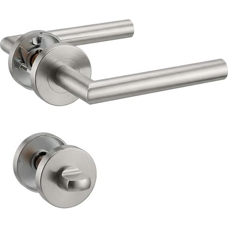1 lot de poignées de porte à levier en acier inoxydable avec bouton de salle de bain, poignée de serrure de porte à mortaise, couleur argent (SO2-103BK) (1/5)