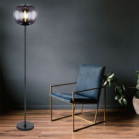 Standleuchte Glaslampe Deckenfluter Wohnzimmer Leselampe Stehlampe Rauchglas Kugel, Metall schwarz, 1x E27 Fassung,  DxH 30x160 cm
