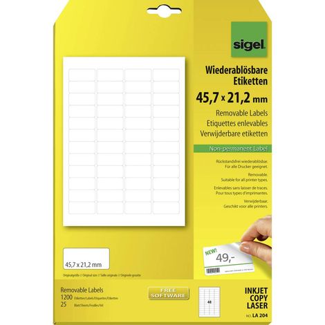 SIGEL LA204 Etichette removibili, bianco, angoli arrotondati, 45.7x21.2 mm (A4), 1200 et.=25 fg (1/2)