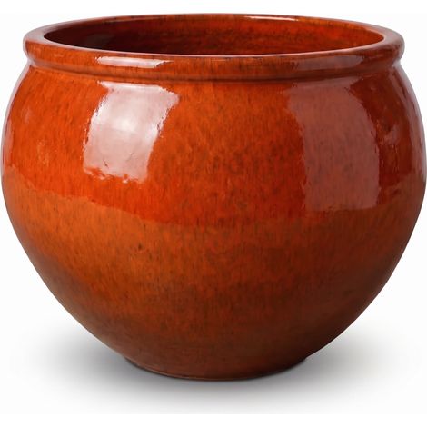 Pot grande taille d'extérieur LUTECE 86x64cm orange tropical, fait main en terre cuite émaillée, résistant au gel