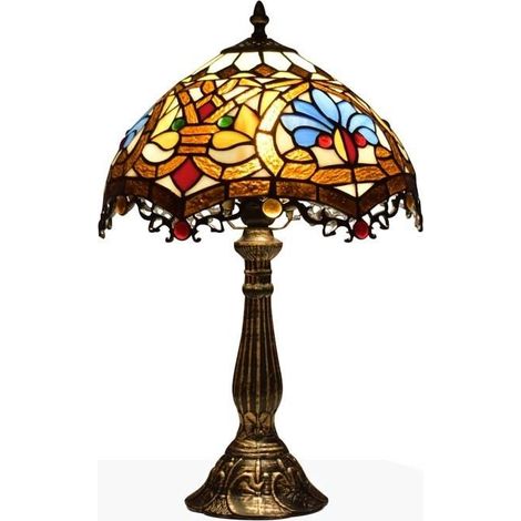 Lampe à poser d'inspiration Tiffany – Abat-jour en verre mosaïque florale – Douille E27 – IP20 – Dimensions Ø 300 x 490 mm – Puissance 40W – Fumagalli