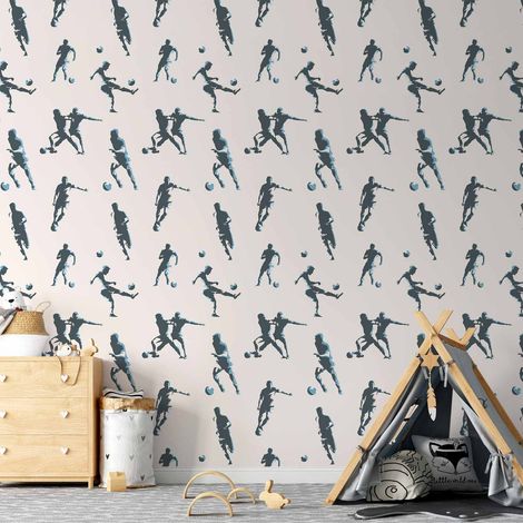 Papier peint - Empreintes de pas et ballons - Motifs de football en noir et blanc sur fond beige (1/4)