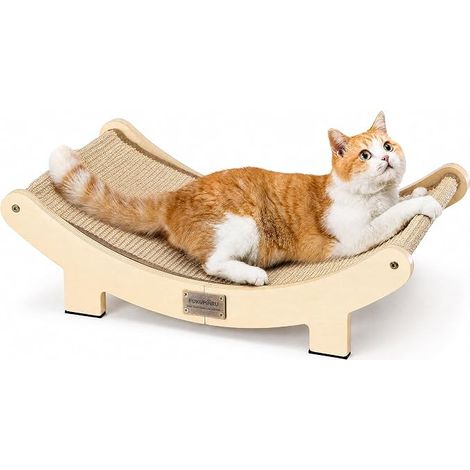 FUKUMARU Griffoir pour Chat, 70 cm Lit de Grattoir d'Intérieur, Grand Coussin à Griffes, Hamac en Sisal Naturel, Chaise Longue avec Cadre en Bois Massif, Beige (1/2)