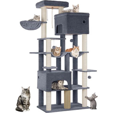 Arbre à chat XXL 200 cm – 10 griffoirs – 2 plateformes géantes – 2 niches – 2 hamacs – Tissu pelucheux – Pour Maine Coon – Gris foncé