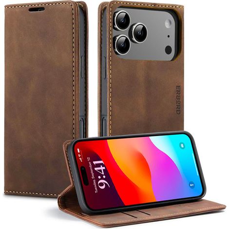 Funda para iPhone 17 Pro, cartera vintage Erbord con solapa, color café. (1/5)