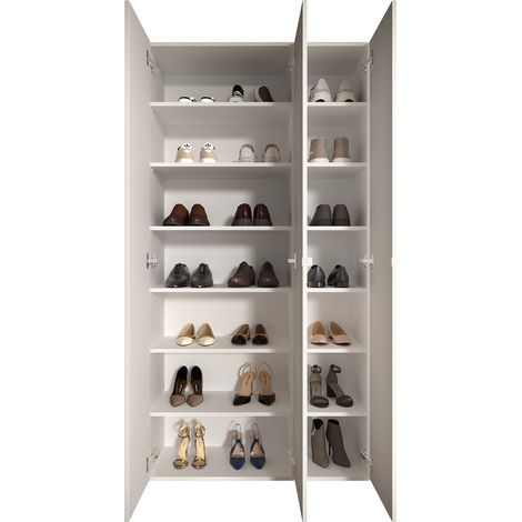 Schuhregal Pertiche, Schuhschrank für 28 Paar, 12 Böden Made in Italy, 3 Türen, 95x35x186h cm Hochglanz Weiß