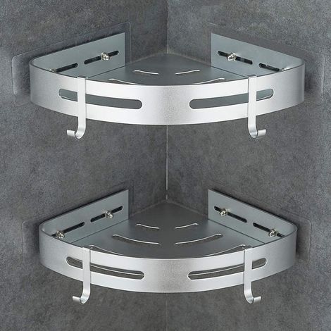 Etagère de Douche d'angle sans Perçage en Aluminium Aéronautique avec 2 Crochets pour Douche Support Antirouille Autocollant pour Articles de Salle de Bains 2 Pièces (Argent) (1/5)