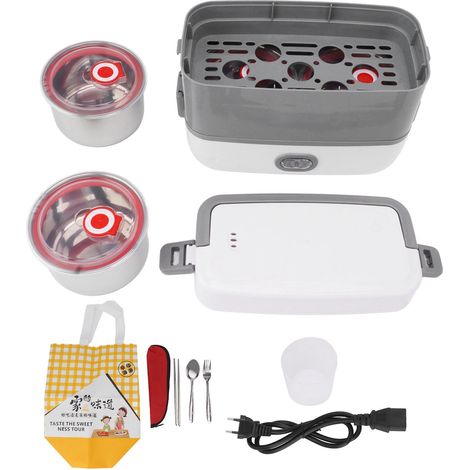 Boîte-repas chauffante portable 2 niveaux, 4 récipients en acier inoxydable, étanche, pour bureau et voyage, prise UE 110‑220V (1/5)