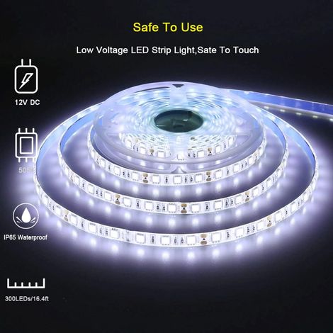 12V Ruban à LED Blanc froid 6000K, 5 Mètres Flexible 300 LEDs 5050 SMD IP65 Étanche Bande LED (1/4)