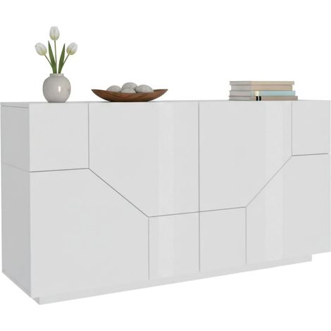 Dmora Credenza moderna a 4 ante geometriche, Made in Italy, Madia da ingresso, Buffet di design da soggiorno, Cm 200x43h86, Bianco lucido, con imballo rinforzato