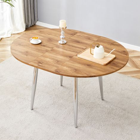 Table a manger ronde extensible 107-137 cm, design moderne, MDF aspect bois et pieds en metal argentés (1/5)