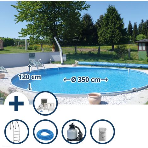 Stahlwandpool Set (8-teilig) tief rund Baja 350 x 120 cm, Stahl 0,6 mm weiß Folie 0,6 mm blau (1/5)