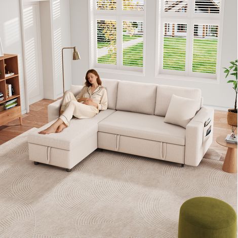 Sofá cama rinconera 219.5x142.5x83 cm beige en lino con chaise longue reversible y almacenamiento (1/5)