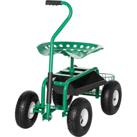 Siège de jardin avec roues, pivotant, réglable en hauteur, plateau à outils, panier, vert (1/5)