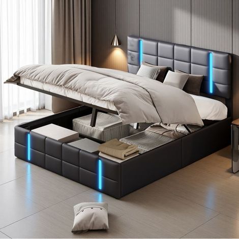 Cama doble 140x200 - Cofre hidráulico - LED RGB - Diseño moderno - Negro PU