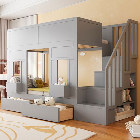 Cama altillo infantil de madera gris, 90x200 cm, con escalera y cajones de almacenamiento. (1/5)