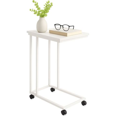 Relaxdays side table with wheels, HxWxD: 68 x 50 x 35 cm, MDF, metal, C-shape, side table for under sofa, white (1/5)