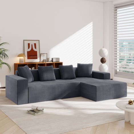 Divano modulare a L 261x146x65 cm, seduta profonda, 2 componenti, 4 cuscini, velluto a coste grigio (1/5)