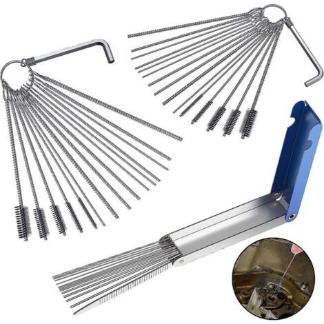 Kit de nettoyage de gicleurs de carburateur pour motos et quads - Comprend 20 aiguilles, 10 brosses et 2 clés hexagonales CRV