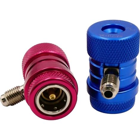Válvulas de conexión rápida, construcción de aluminio, baja presión 300 PSI, alta presión 400 PSI, conexiones SAE de 1/4 de pulgada, para refrigerante R1234yf.