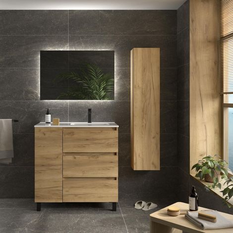 Meuble de salle de bain BEQUIA PLUS 3C 90cm Chêne Vasque Porcelaine Robinet à droite 1P (1/5)