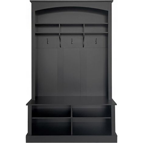 Garderoben-Set mit Bank und Schuhablage, multifunktionale Aufbewahrungsbank mit 3 hängenden Haken & offenem Stauraum, rechteckige Aufbewahrung & Regale Garderobe für Flur, Schwarz, H190/B120/T40 cm