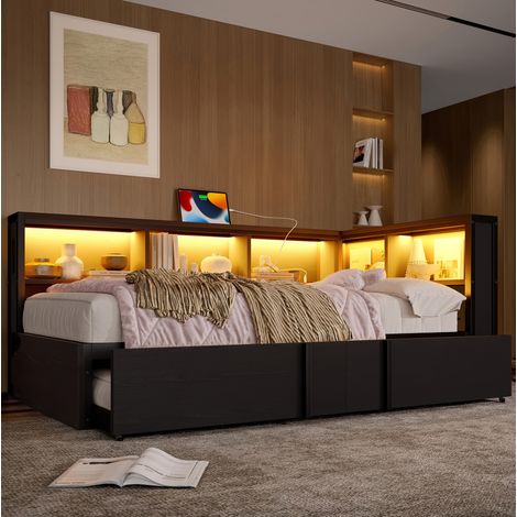 letto 90x200 estraibile con armadi LED USB nero OKMYHOME (1/5)